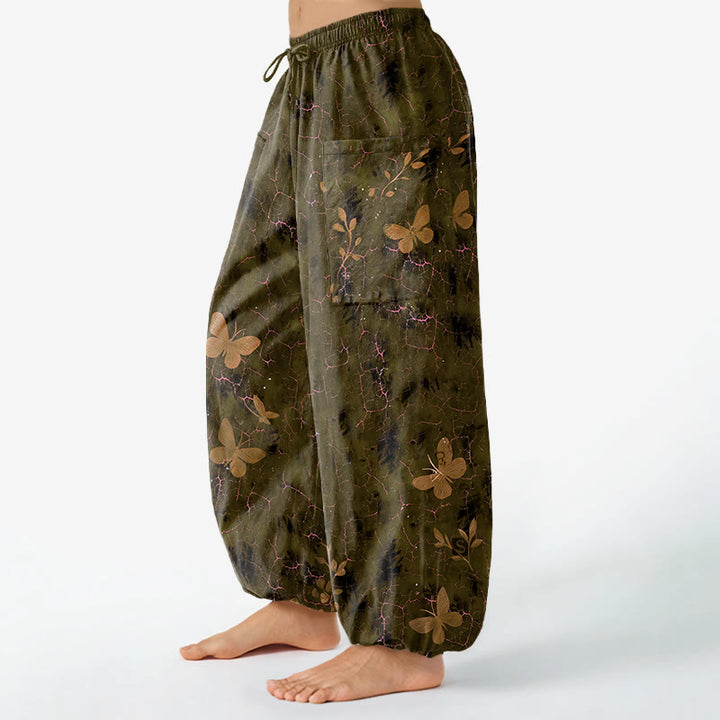 Buddha Stones Dames harembroek met elastische Taille en Zakken , met botanisch vlinderpatroon en craquelé-effect. - image 8