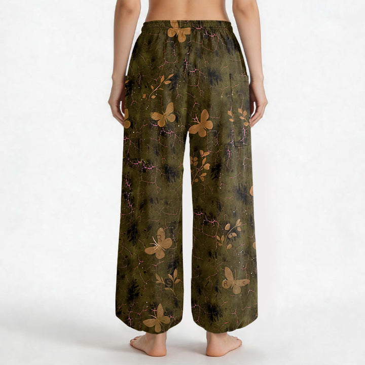 Buddha Stones Dames harembroek met elastische Taille en Zakken , met botanisch vlinderpatroon en craquelé-effect. - image 9