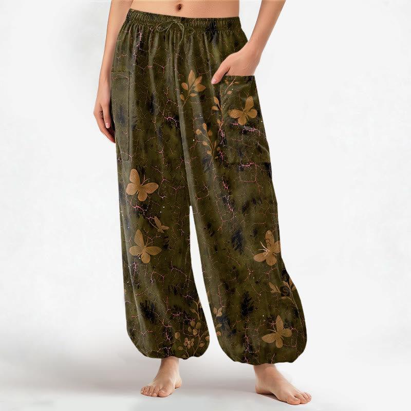Buddha Stones Dames harembroek met elastische Taille en Zakken , met botanisch vlinderpatroon en craquelé-effect. - Olijf - US16, UK/AU20, EU48 (3XL) - image 7