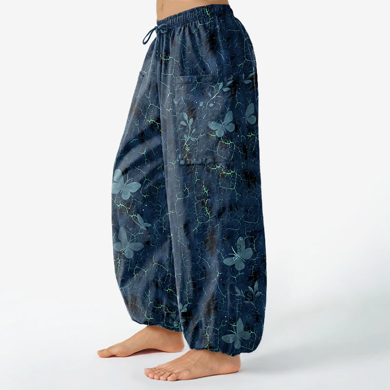 Buddha Stones Dames harembroek met elastische Taille en Zakken , met botanisch vlinderpatroon en craquelé-effect. - image 11
