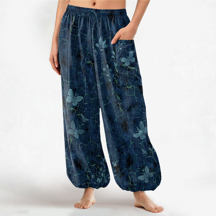 Buddha Stones Dames harembroek met elastische Taille en Zakken , met botanisch vlinderpatroon en craquelé-effect. - Marine - US16, UK/AU20, EU48 (3XL) - image 10