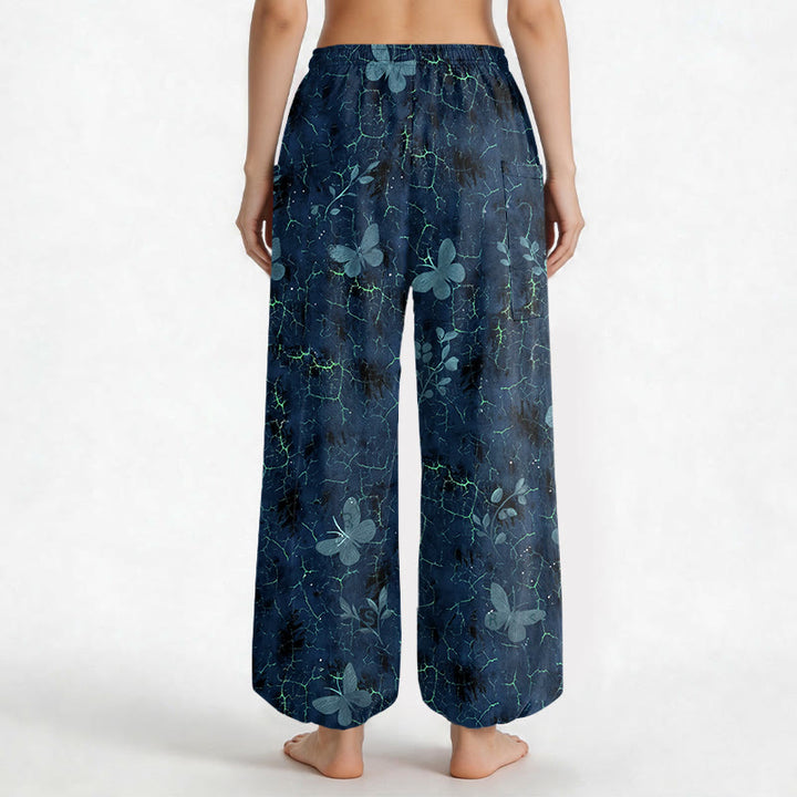 Buddha Stones Dames harembroek met elastische Taille en Zakken , met botanisch vlinderpatroon en craquelé-effect. - image 12