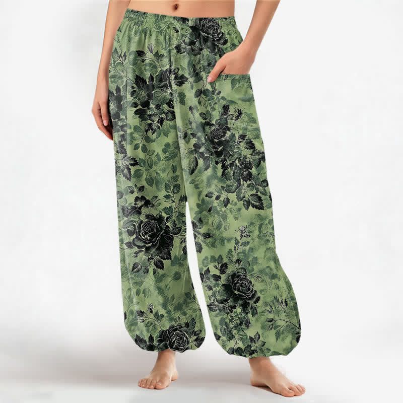 Buddha Stones Vintage katoenen harembroek voor dames met bloemenprint, elastische Taille en Zakken , zwart. - Lichtgroen - US16, UK/AU20, EU48 (3XL) - image 0