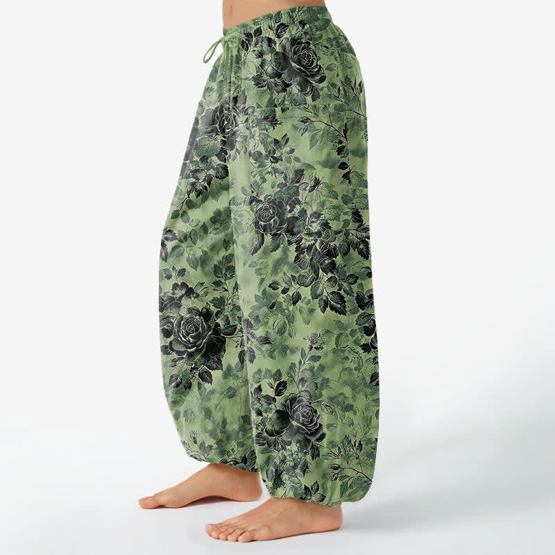 Buddha Stones Vintage katoenen harembroek voor dames met bloemenprint, elastische Taille en Zakken , zwart. - image 1