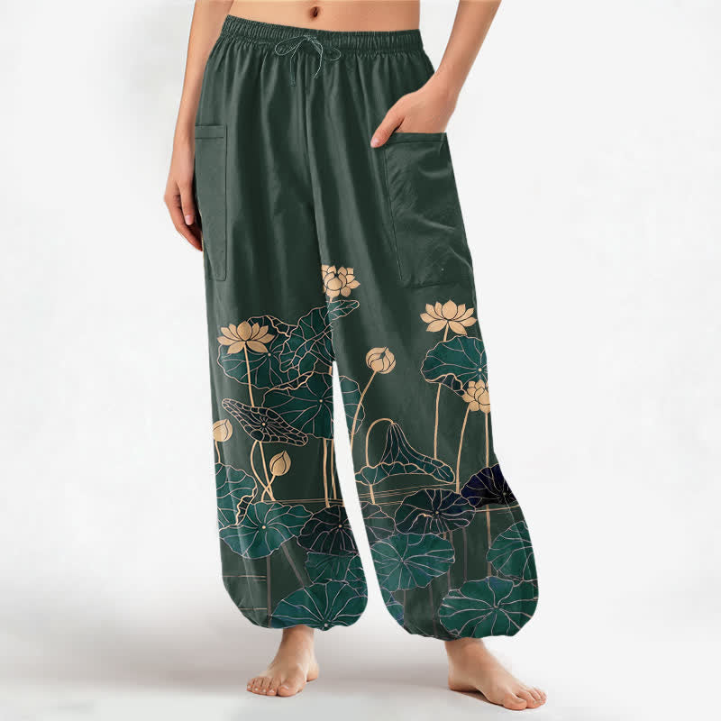 Buddha Stones Dames harembroek met elastische Taille en Zakken , met katoenen Zen Lotus Garden-patroon. - Donkergroen - US16, UK/AU20, EU48 (3XL) - image 0