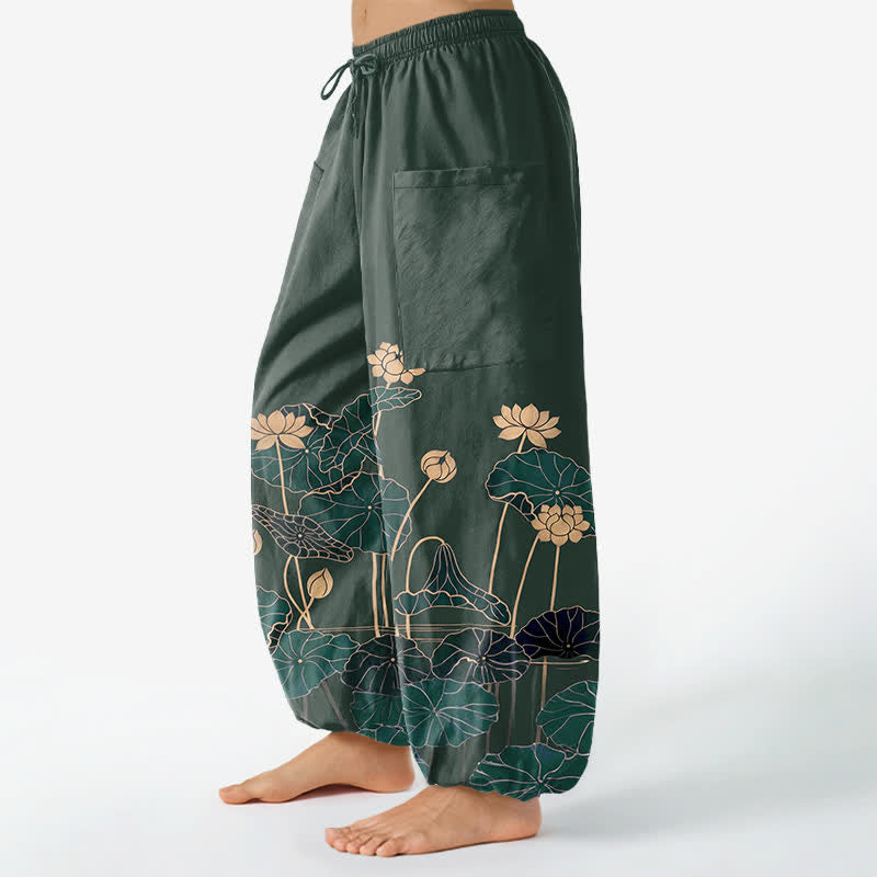 Buddha Stones Dames harembroek met elastische Taille en Zakken , met katoenen Zen Lotus Garden-patroon. - image 1