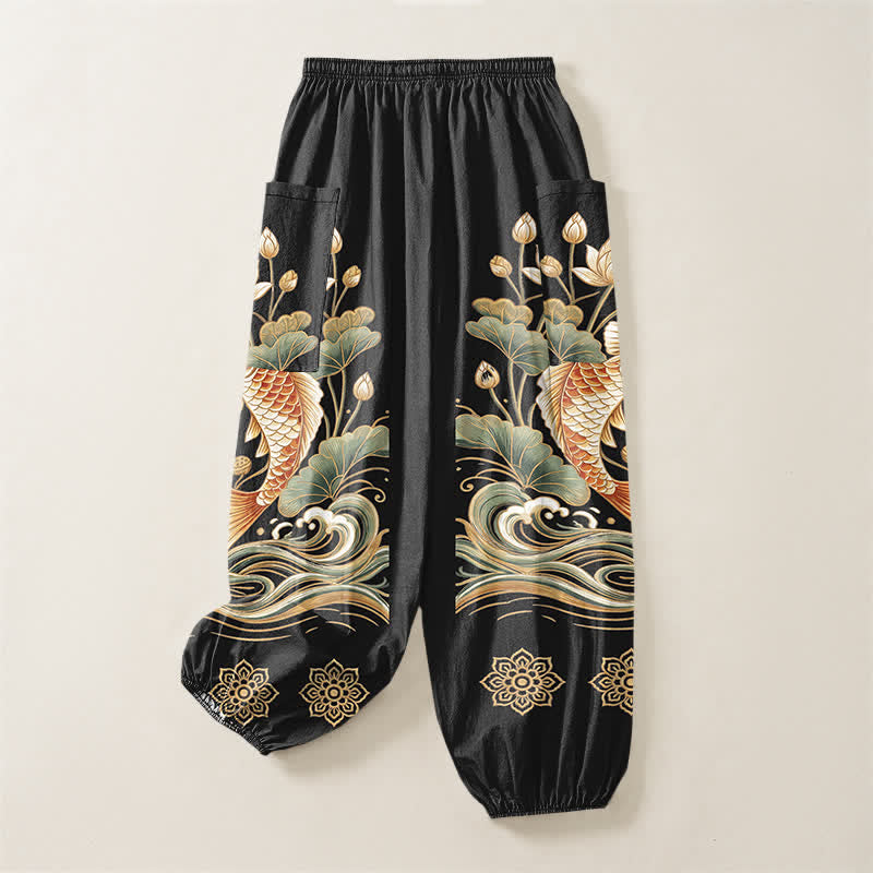 Buddha Stones Katoenen dames harembroek met elastische Taille en Zakken , met gouden koi- en lotusgolfpatroon. - image 4