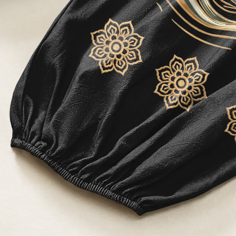 Buddha Stones Katoenen dames harembroek met elastische Taille en Zakken , met gouden koi- en lotusgolfpatroon. - image 6
