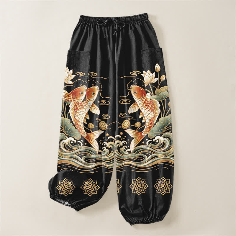 Buddha Stones Katoenen dames harembroek met elastische Taille en Zakken , met gouden koi- en lotusgolfpatroon. - image 3