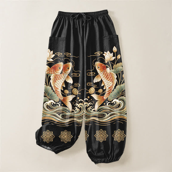 Buddha Stones Katoenen dames harembroek met elastische Taille en Zakken , met gouden koi- en lotusgolfpatroon. - image 3