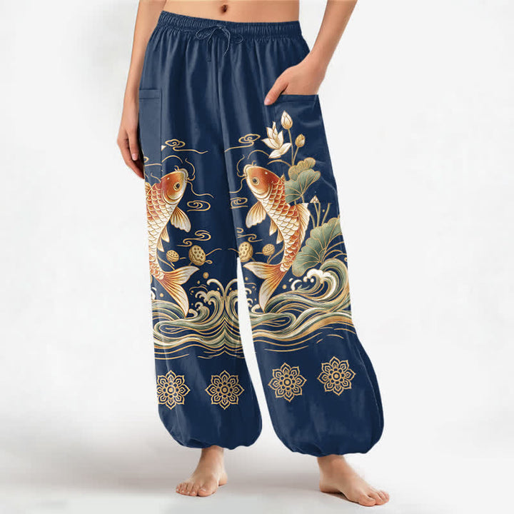 Buddha Stones Katoenen dames harembroek met elastische Taille en Zakken , met gouden koi- en lotusgolfpatroon. - Marine - US16, UK/AU20, EU48 (3XL) - image 7