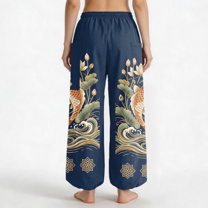 Buddha Stones Katoenen dames harembroek met elastische Taille en Zakken , met gouden koi- en lotusgolfpatroon. - image 9