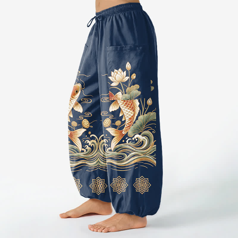 Buddha Stones Katoenen dames harembroek met elastische Taille en Zakken , met gouden koi- en lotusgolfpatroon. - image 8