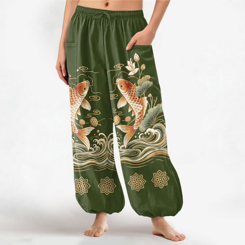 Buddha Stones Katoenen dames harembroek met elastische Taille en Zakken , met gouden koi- en lotusgolfpatroon. - Donker olijfgroen - US16, UK/AU20, EU48 (3XL) - image 10