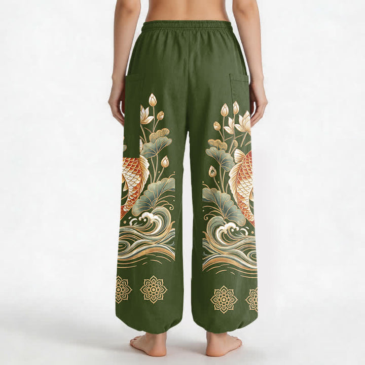Buddha Stones Katoenen dames harembroek met elastische Taille en Zakken , met gouden koi- en lotusgolfpatroon. - image 12