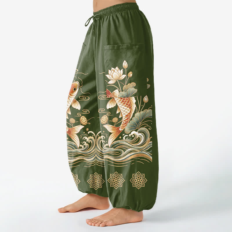 Buddha Stones Katoenen dames harembroek met elastische Taille en Zakken , met gouden koi- en lotusgolfpatroon. - image 11