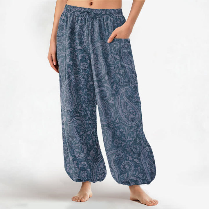 Buddha Stones Dames harembroek van katoen met vintage paisleyprint, elastische Taille en Zakken . - Staalblauw - US16, UK/AU20, EU48 (3XL) - image 0