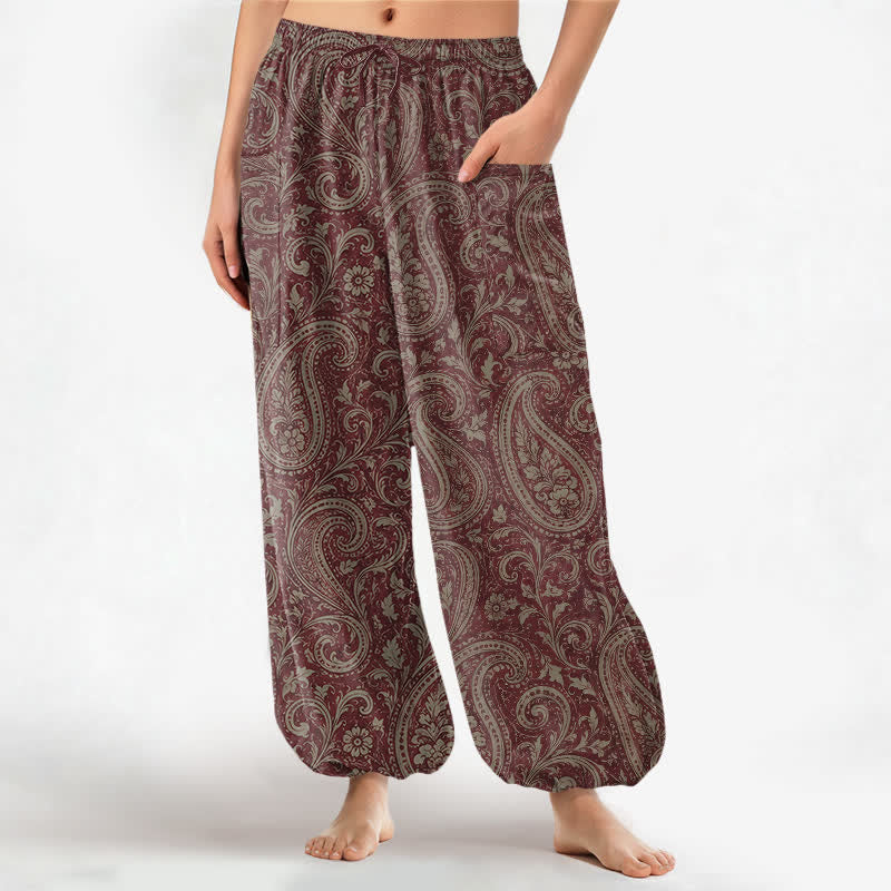 Buddha Stones Dames harembroek van katoen met vintage paisleyprint, elastische Taille en Zakken . - Kastanjebruin - US16, UK/AU20, EU48 (3XL) - image 7