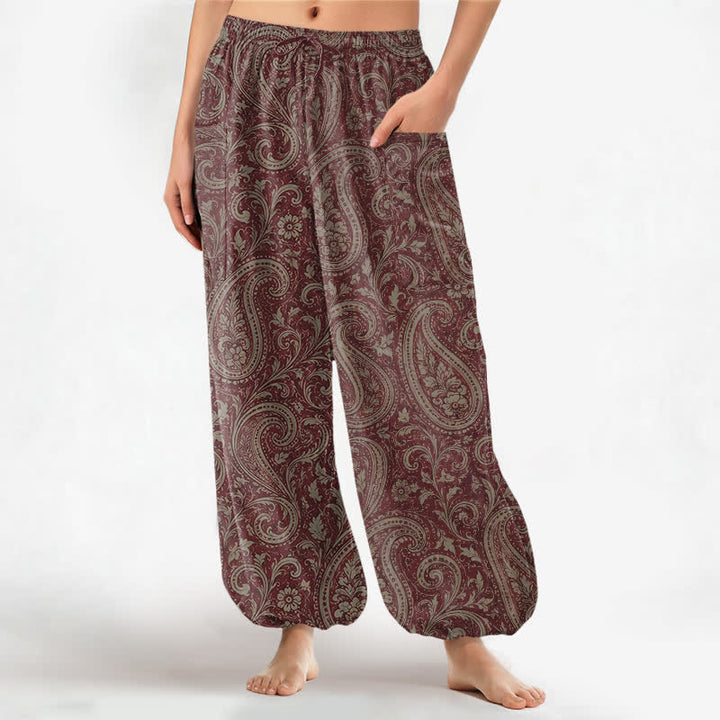Buddha Stones Dames harembroek van katoen met vintage paisleyprint, elastische Taille en Zakken . - Kastanjebruin - US16, UK/AU20, EU48 (3XL) - image 7