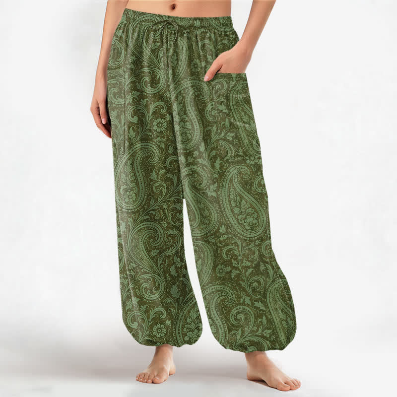 Buddha Stones Dames harembroek van katoen met vintage paisleyprint, elastische Taille en Zakken . - Olijfgroen - US16, UK/AU20, EU48 (3XL) - image 10