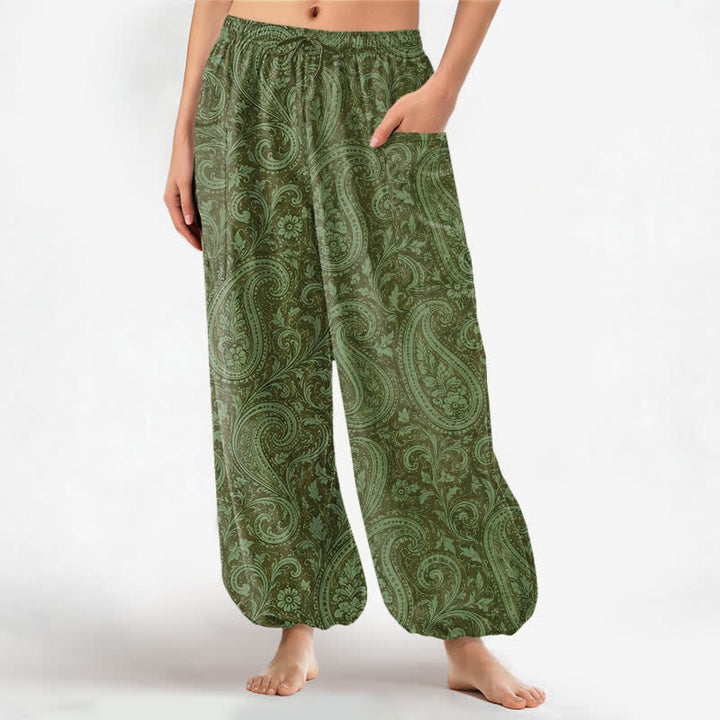 Buddha Stones Dames harembroek van katoen met vintage paisleyprint, elastische Taille en Zakken . - Olijfgroen - US16, UK/AU20, EU48 (3XL) - image 10