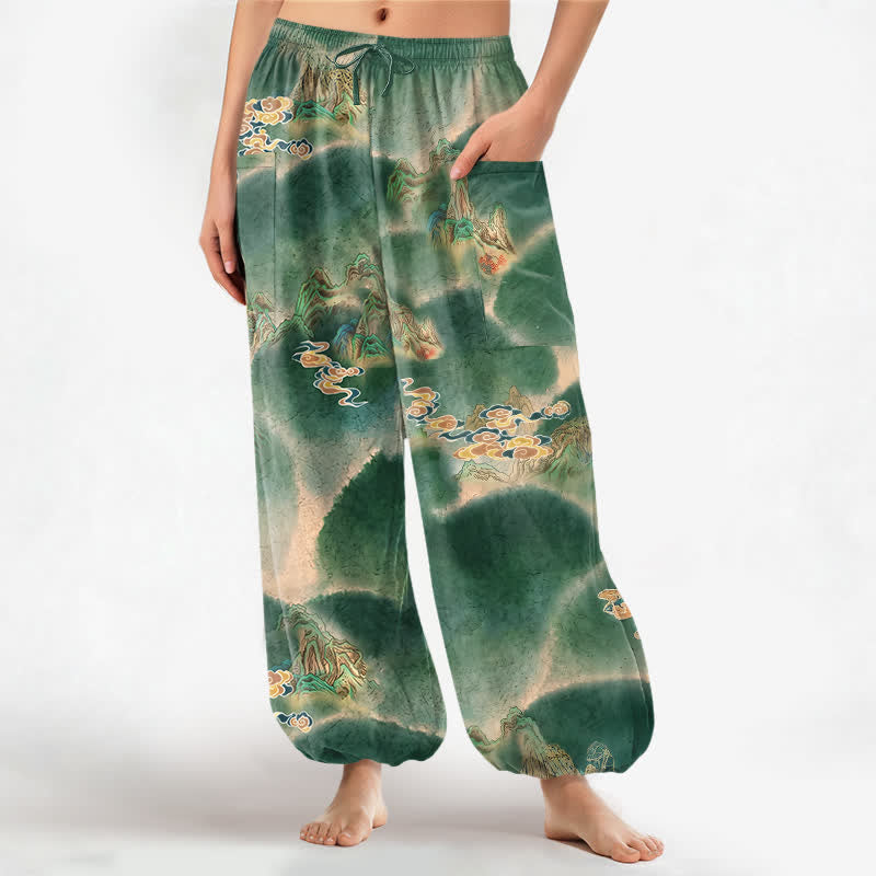 Buddha Stones Dames harembroek met elastische Taille en Zakken , bedrukt met een nevelig landschapsmotief van katoen. - Zeegroen - US16, UK/AU20, EU48 (3XL) - image 0
