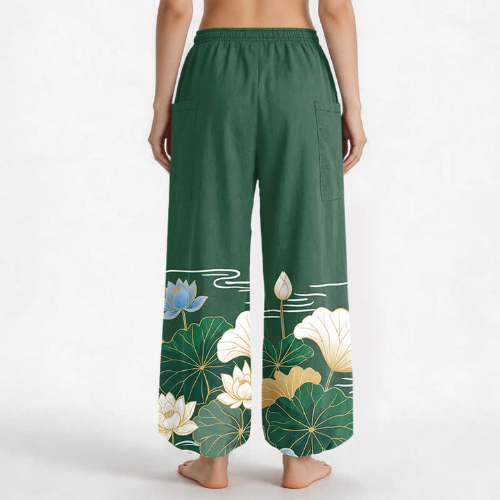 Buddha Stones Dames harembroek met elastische Taille en Zakken , met katoenen lotusbladmotief. - image 2