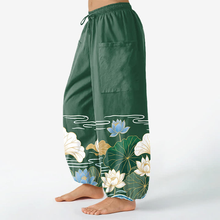 Buddha Stones Dames harembroek met elastische Taille en Zakken , met katoenen lotusbladmotief. - image 1