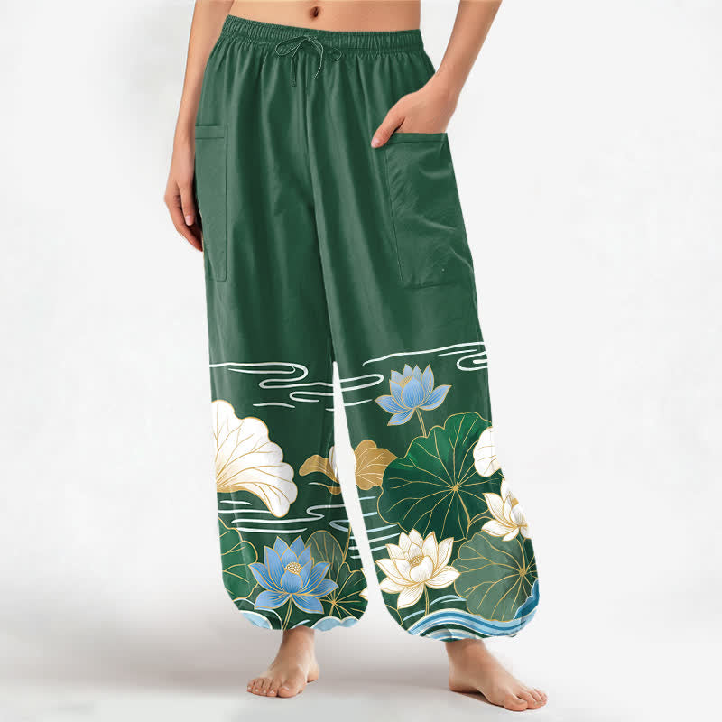 Buddha Stones Dames harembroek met elastische Taille en Zakken , met katoenen lotusbladmotief. - Bosgroen - US16, UK/AU20, EU48 (3XL) - image 0