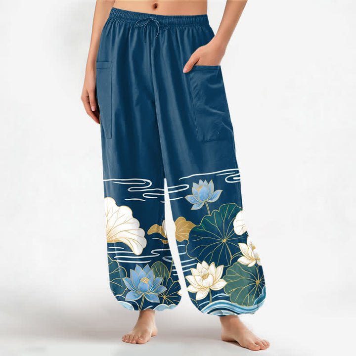 Buddha Stones Dames harembroek met elastische Taille en Zakken , met katoenen lotusbladmotief. - Staalblauw - US16, UK/AU20, EU48 (3XL) - image 7