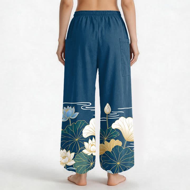 Buddha Stones Dames harembroek met elastische Taille en Zakken , met katoenen lotusbladmotief. - image 9
