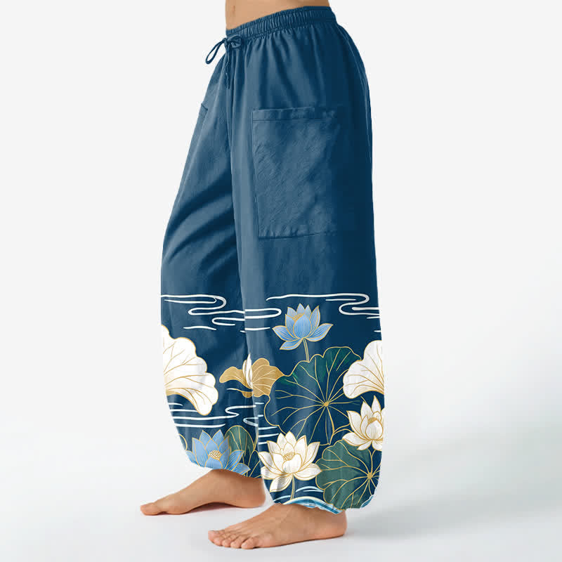 Buddha Stones Dames harembroek met elastische Taille en Zakken , met katoenen lotusbladmotief. - image 8