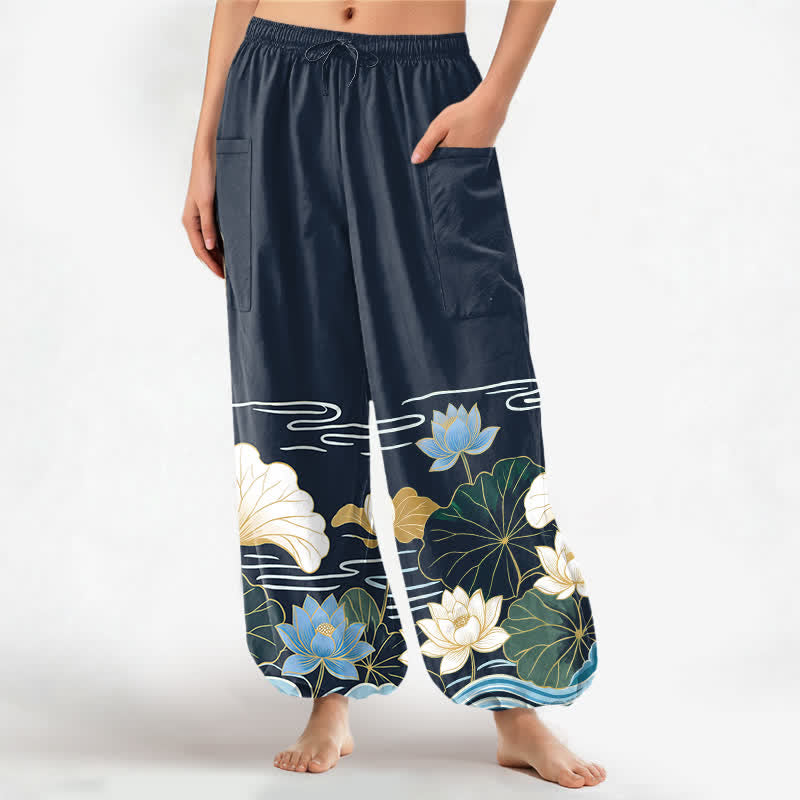 Buddha Stones Dames harembroek met elastische Taille en Zakken , met katoenen lotusbladmotief. - Middernachtblauw - US16, UK/AU20, EU48 (3XL) - image 10
