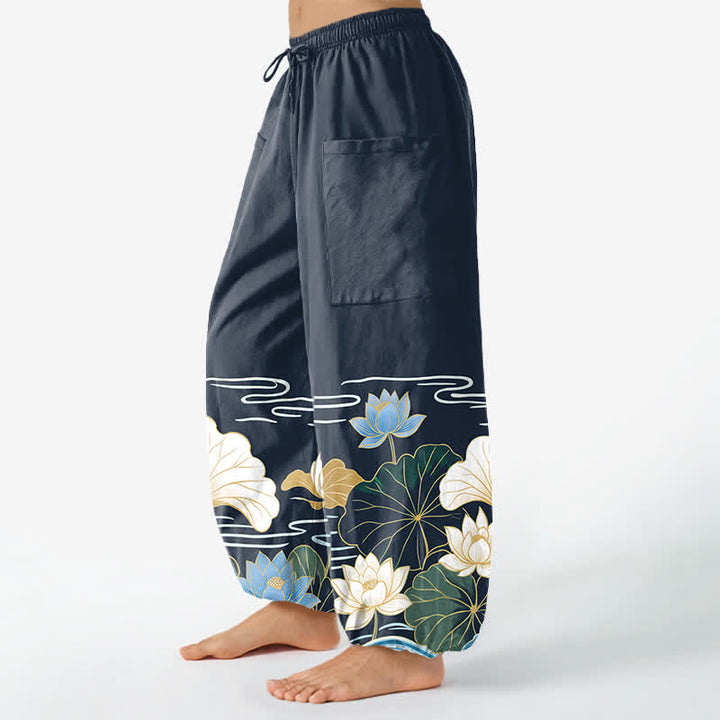 Buddha Stones Dames harembroek met elastische Taille en Zakken , met katoenen lotusbladmotief. - image 11