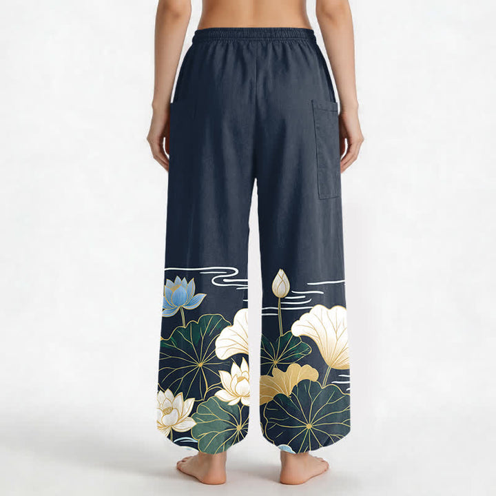 Buddha Stones Dames harembroek met elastische Taille en Zakken , met katoenen lotusbladmotief. - image 12