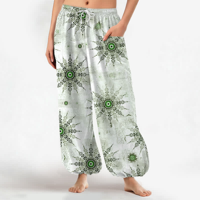 Buddha Stones Dames harembroek met elastische Taille en Zakken , gemaakt van katoen met een bohemian geometrisch medaillonpatroon. - Honingmeloen - US16, UK/AU20, EU48 (3XL) - image 0