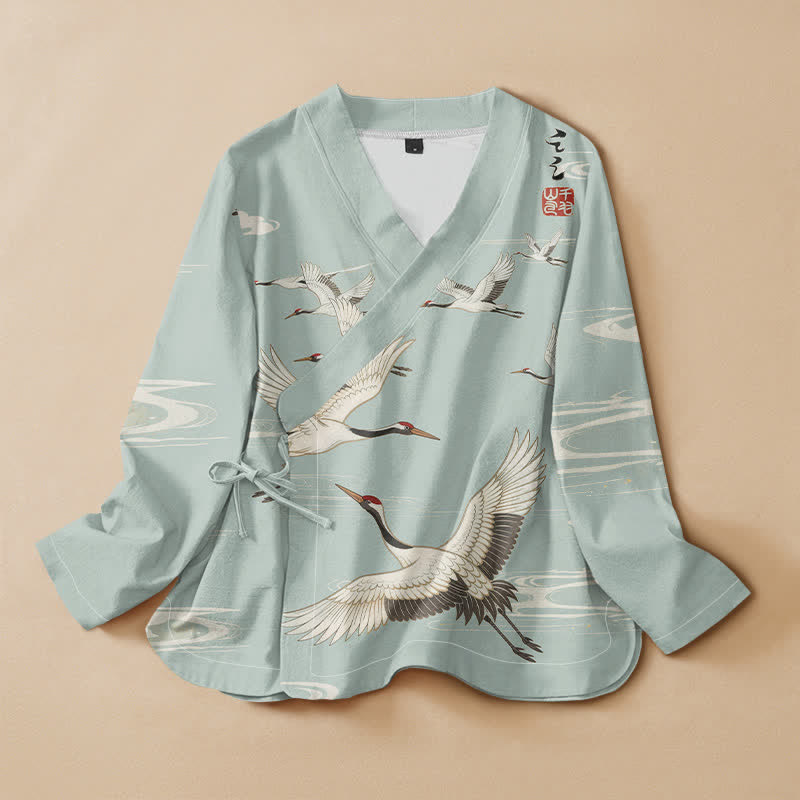 Buddha Stones Katoen Vliegende Kraanvogel Waterrimpeling Print Hanfu Stijl Wikkel V-hals Vetersluiting Dames Lange mouw Overhemden - Licht turkoois - US16, UK/AU20, EU48 (3XL) - image 0