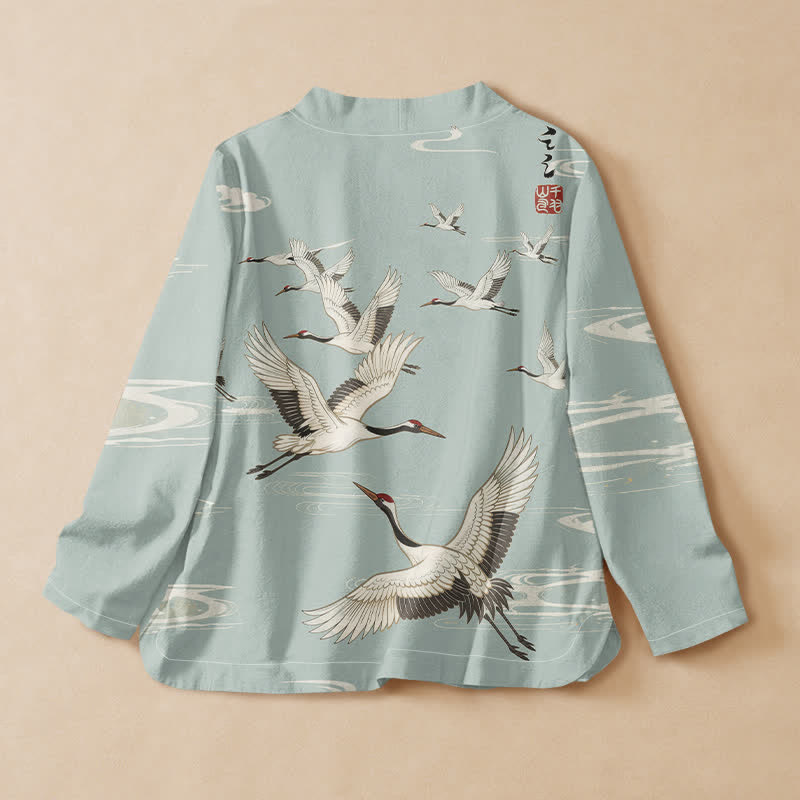 Buddha Stones Katoen Vliegende Kraanvogel Waterrimpeling Print Hanfu Stijl Wikkel V-hals Vetersluiting Dames Lange mouw Overhemden - image 1