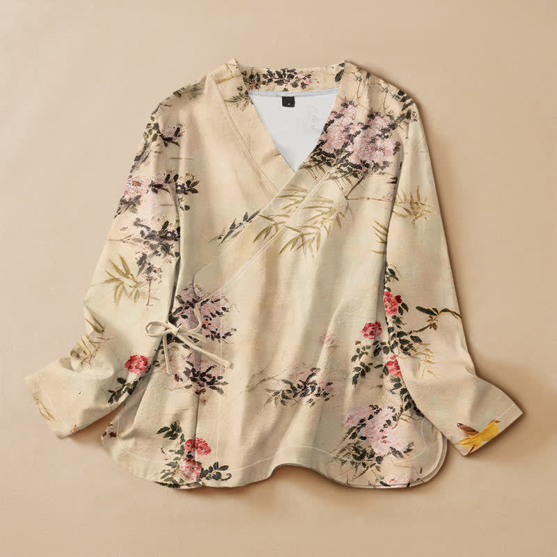 Buddha Stones Katoen Bamboe Bloesem Print Hanfu Stijl Wikkel V-hals Vetersluiting Dames Lange mouw Overhemden - Beige - US16, UK/AU20, EU48 (3XL) - image 0