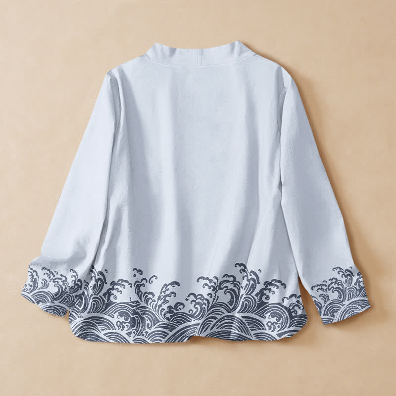 Buddha Stones Katoen Oceaan Golf Print Hanfu Stijl Wikkel V-hals Vetersluiting Dames Lange mouw Overhemden - image 1