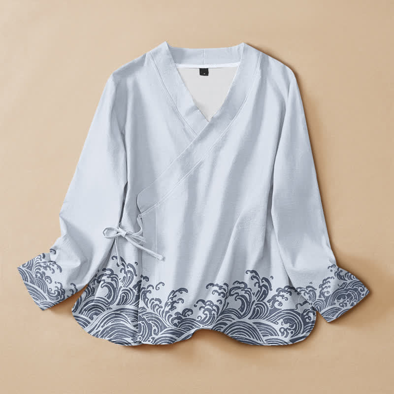 Buddha Stones Katoen Oceaan Golf Print Hanfu Stijl Wikkel V-hals Vetersluiting Dames Lange mouw Overhemden - Lichtblauw - US16, UK/AU20, EU48 (3XL) - image 0