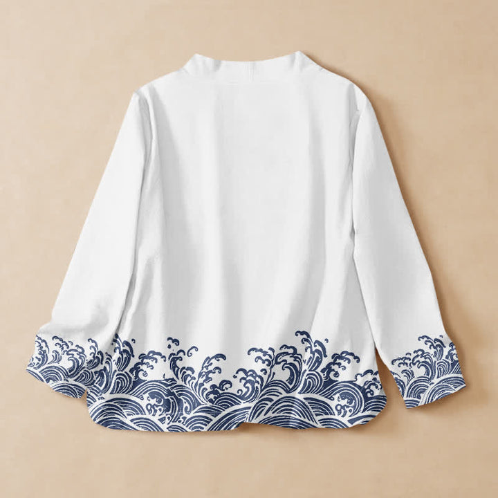 Buddha Stones Katoen Oceaan Golf Print Hanfu Stijl Wikkel V-hals Vetersluiting Dames Lange mouw Overhemden - image 6