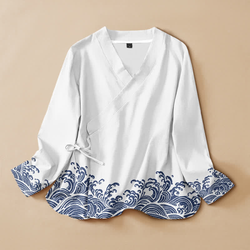 Buddha Stones Katoen Oceaan Golf Print Hanfu Stijl Wikkel V-hals Vetersluiting Dames Lange mouw Overhemden - Bloemenwit - US16, UK/AU20, EU48 (3XL) - image 5