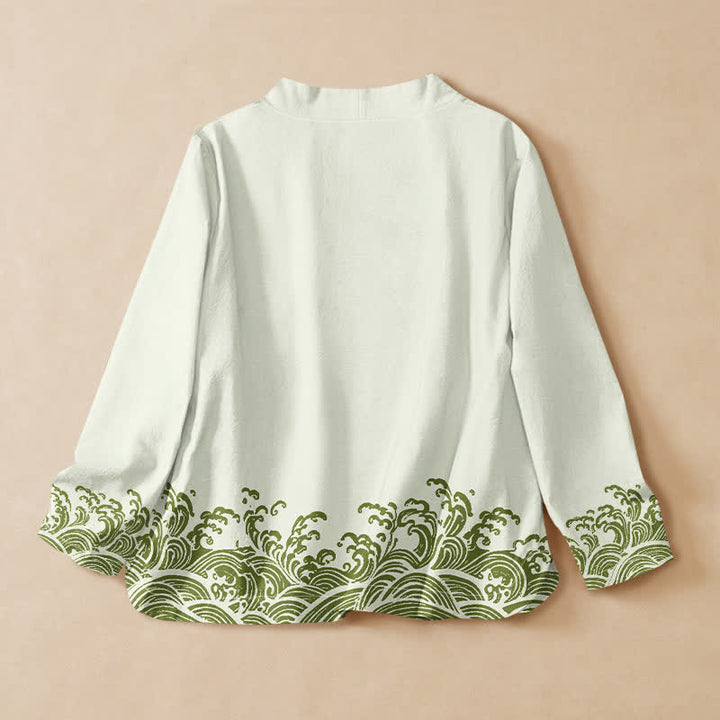 Buddha Stones Katoen Oceaan Golf Print Hanfu Stijl Wikkel V-hals Vetersluiting Dames Lange mouw Overhemden - image 8