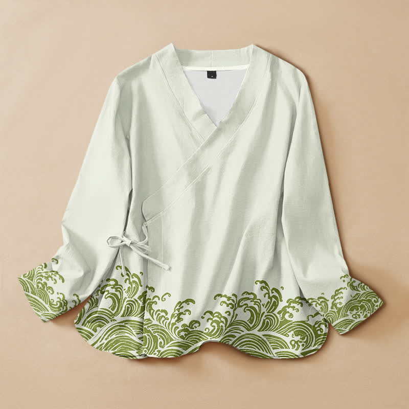 Buddha Stones Katoen Oceaan Golf Print Hanfu Stijl Wikkel V-hals Vetersluiting Dames Lange mouw Overhemden - Muntcrème - US16, UK/AU20, EU48 (3XL) - image 7