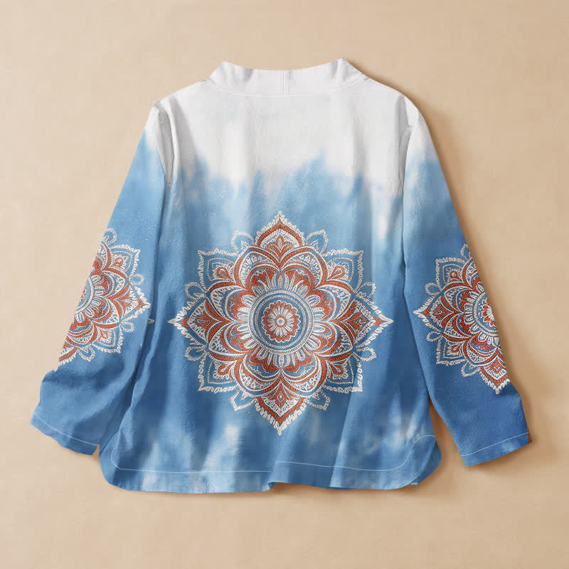 Buddha Stones Katoen Boho Mandala Print Hanfu Stijl Wikkel V-hals Vetersluiting Dames Lange mouw Overhemden - image 1