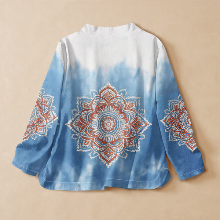Buddha Stones Katoen Boho Mandala Print Hanfu Stijl Wikkel V-hals Vetersluiting Dames Lange mouw Overhemden - image 1
