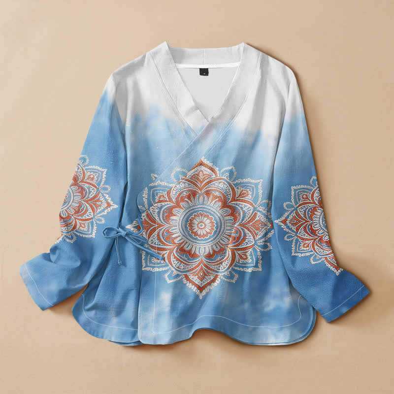 Buddha Stones Katoen Boho Mandala Print Hanfu Stijl Wikkel V-hals Vetersluiting Dames Lange mouw Overhemden - Hemelsblauw - US16, UK/AU20, EU48 (3XL) - image 0