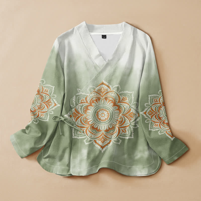 Buddha Stones Katoen Boho Mandala Print Hanfu Stijl Wikkel V-hals Vetersluiting Dames Lange mouw Overhemden - Donkerzeegroen - US16, UK/AU20, EU48 (3XL) - image 5