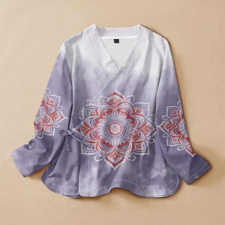 Buddha Stones Katoen Boho Mandala Print Hanfu Stijl Wikkel V-hals Vetersluiting Dames Lange mouw Overhemden - Distel - US16, UK/AU20, EU48 (3XL) - image 7